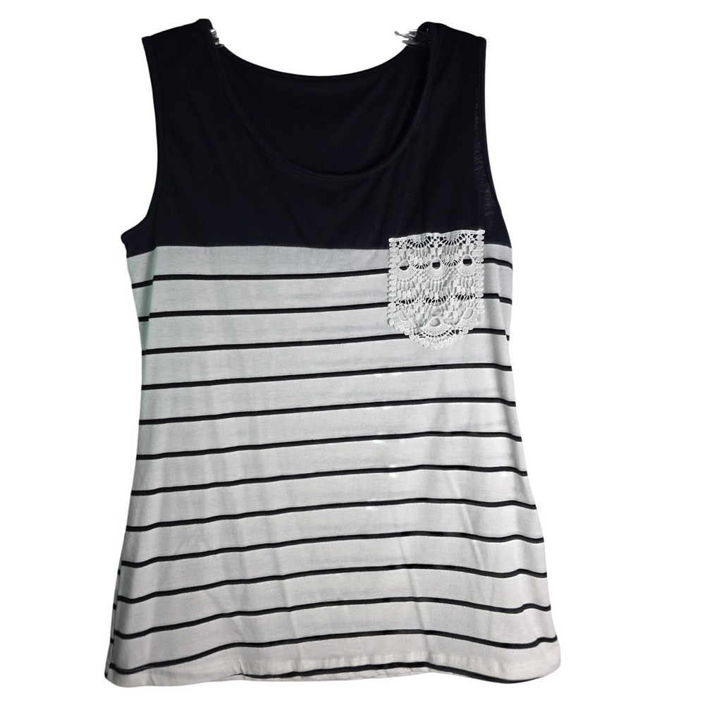 Tank Top Women Size M Navy White Striped Lace Pocket Sleeveless